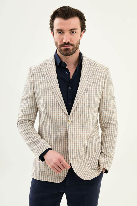Navy collarless linen-blend slim blazer, side profile view