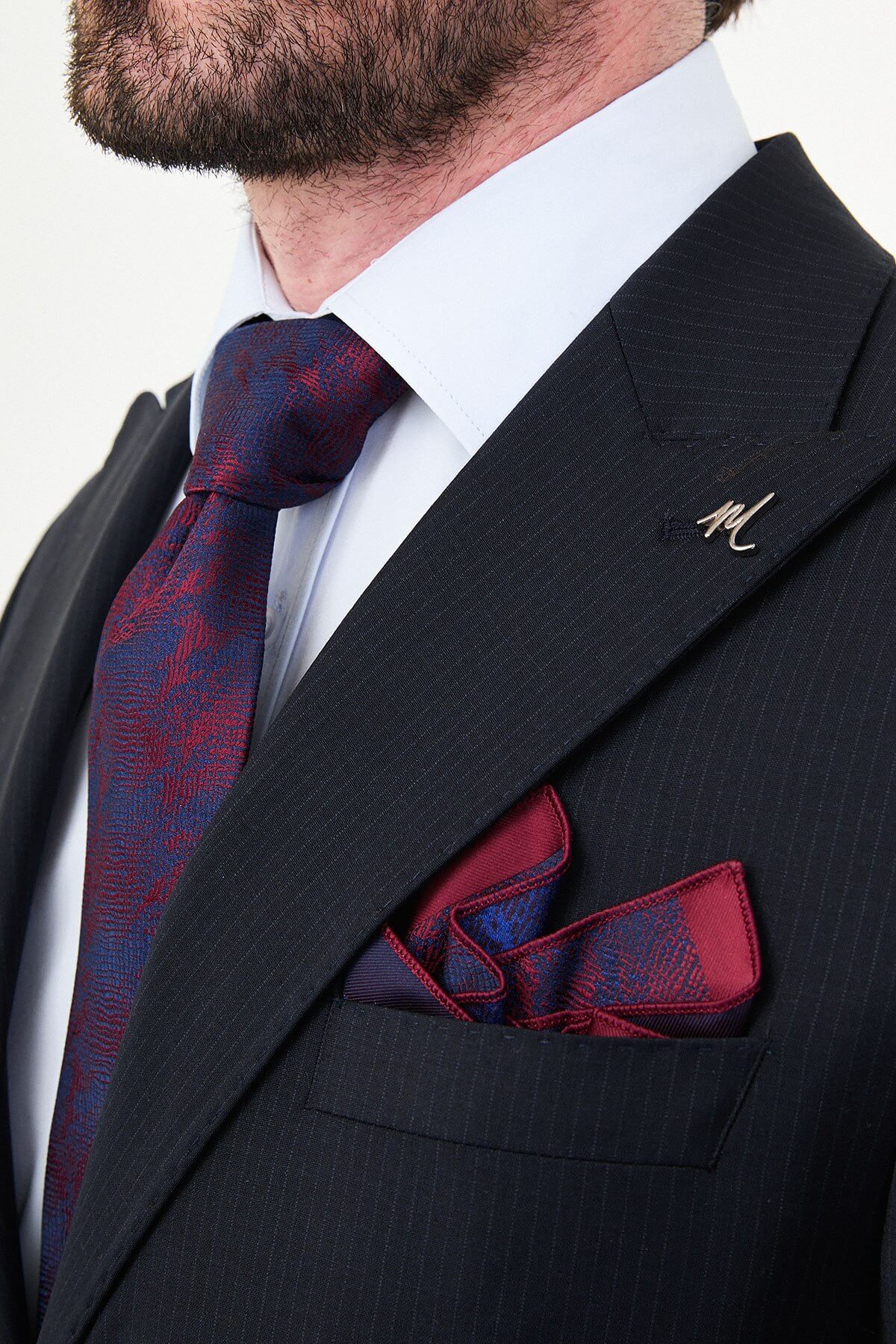 Men's Navy Blue Slim Fit Wide Collar Premium Wool Suit, showing matching trousers and dress shoes.