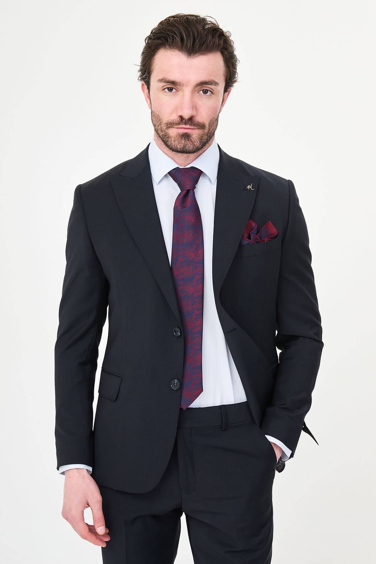 Men's Navy Blue Slim Fit Wide Collar Premium Wool Suit, showing matching trousers and dress shoes.