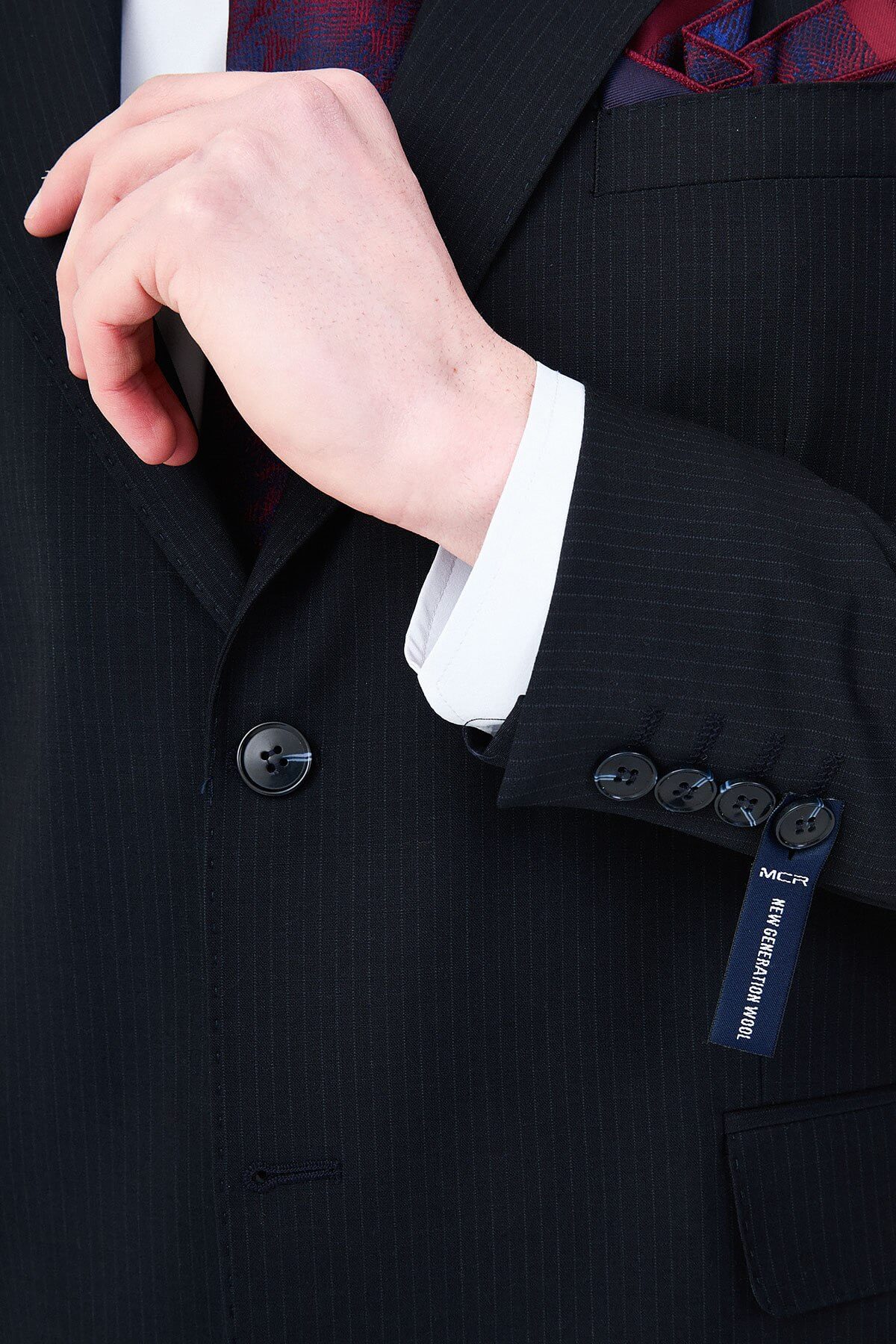 Men's Navy Blue Slim Fit Wide Collar Premium Wool Suit, showing matching trousers and dress shoes.