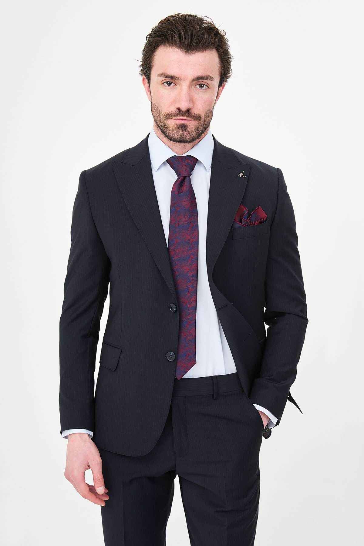 Men's Navy Blue Slim Fit Wide Collar Premium Wool Suit, showing matching trousers and dress shoes.