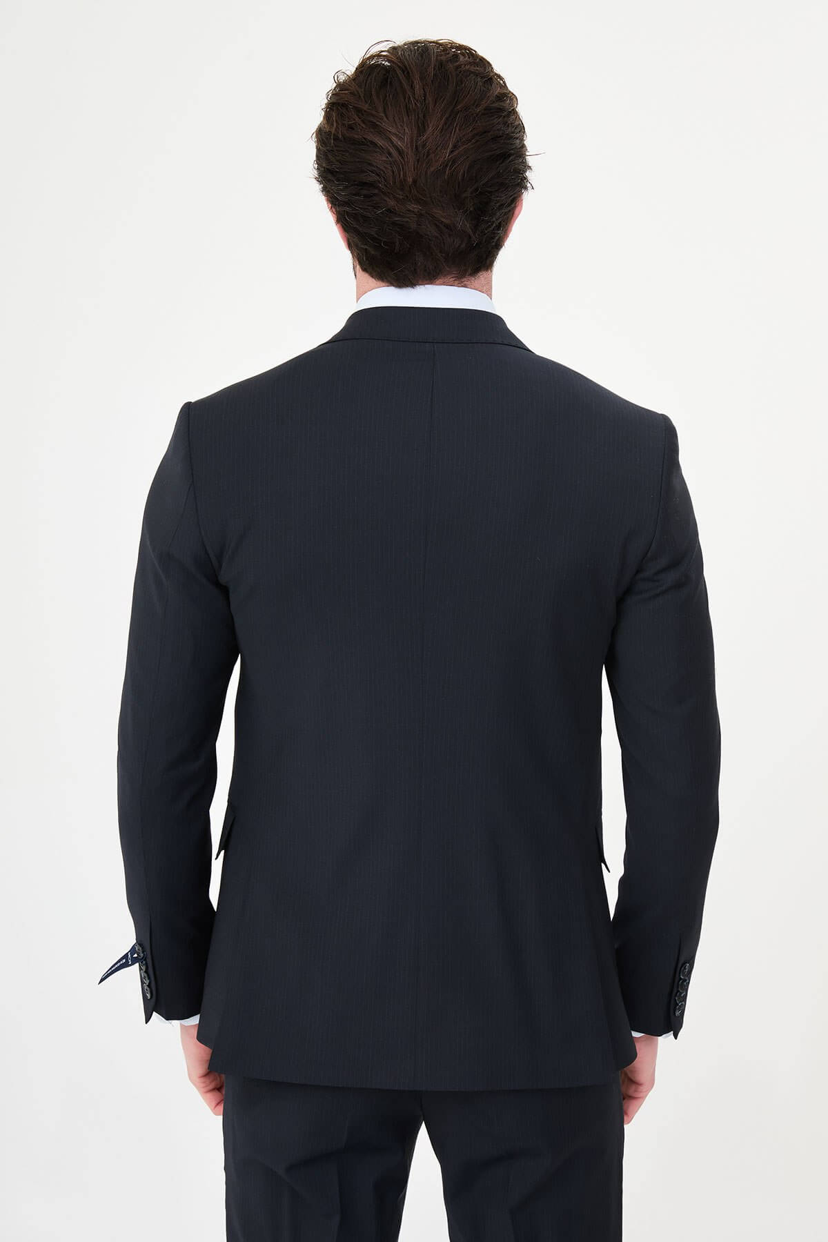 Men's Navy Blue Slim Fit Wide Collar Premium Wool Suit, showing matching trousers and dress shoes.