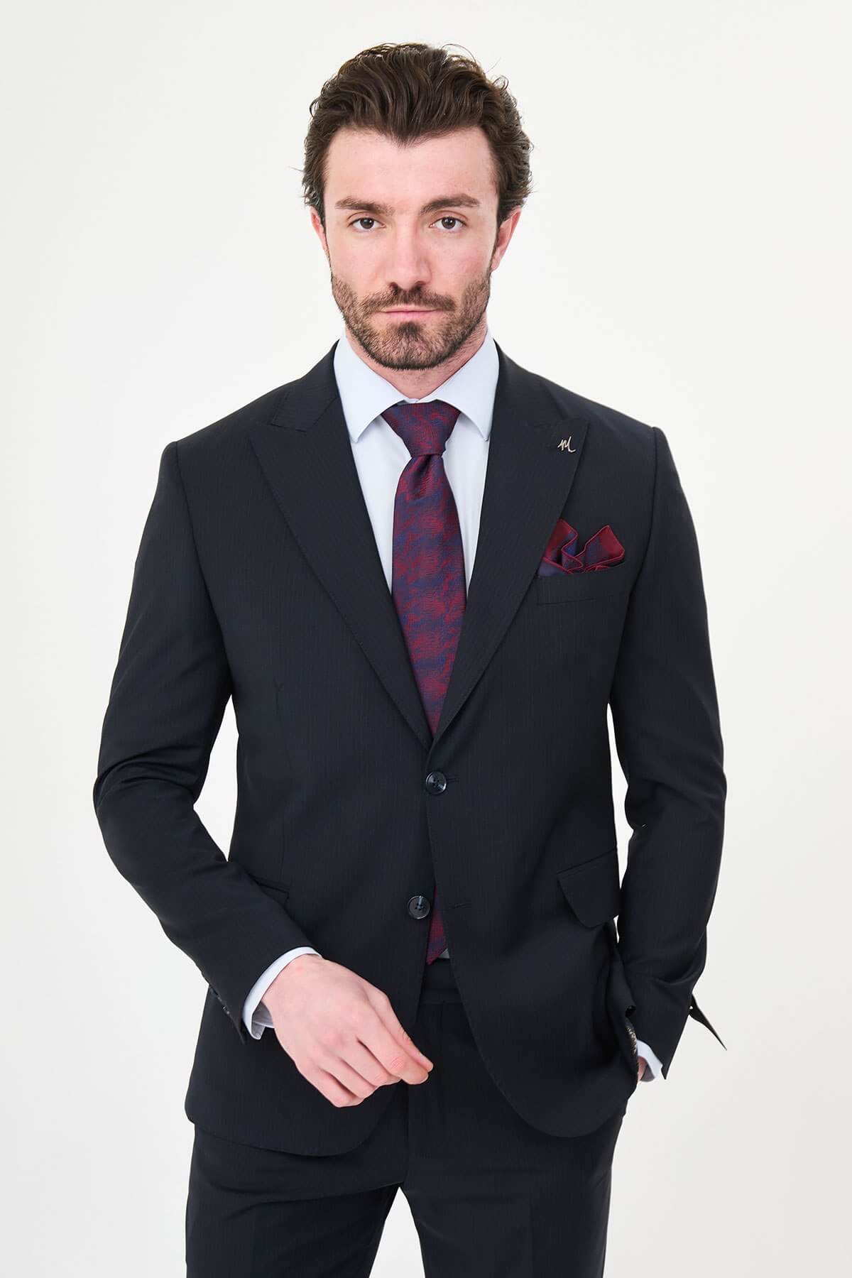 Men's Navy Blue Slim Fit Wide Collar Premium Wool Suit, showing matching trousers and dress shoes.