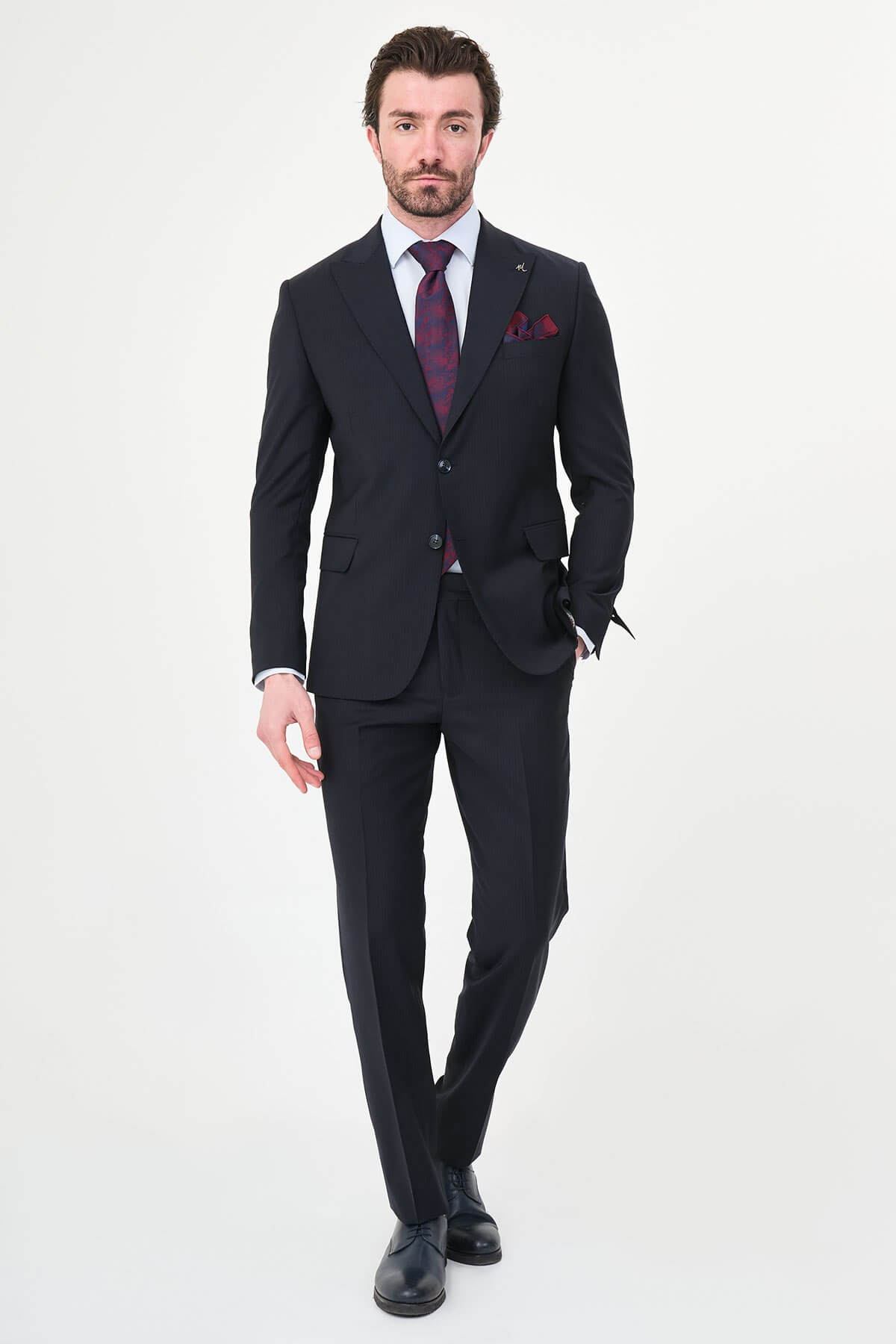 Men's Navy Blue Slim Fit Wide Collar Premium Wool Suit, showing matching trousers and dress shoes.