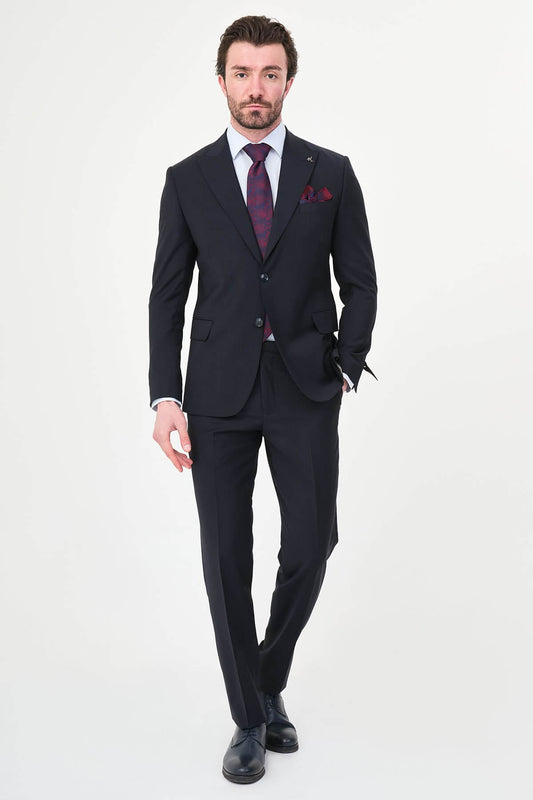 Men's Navy Blue Slim Fit Wide Collar Premium Wool Suit, showing matching trousers and dress shoes.
