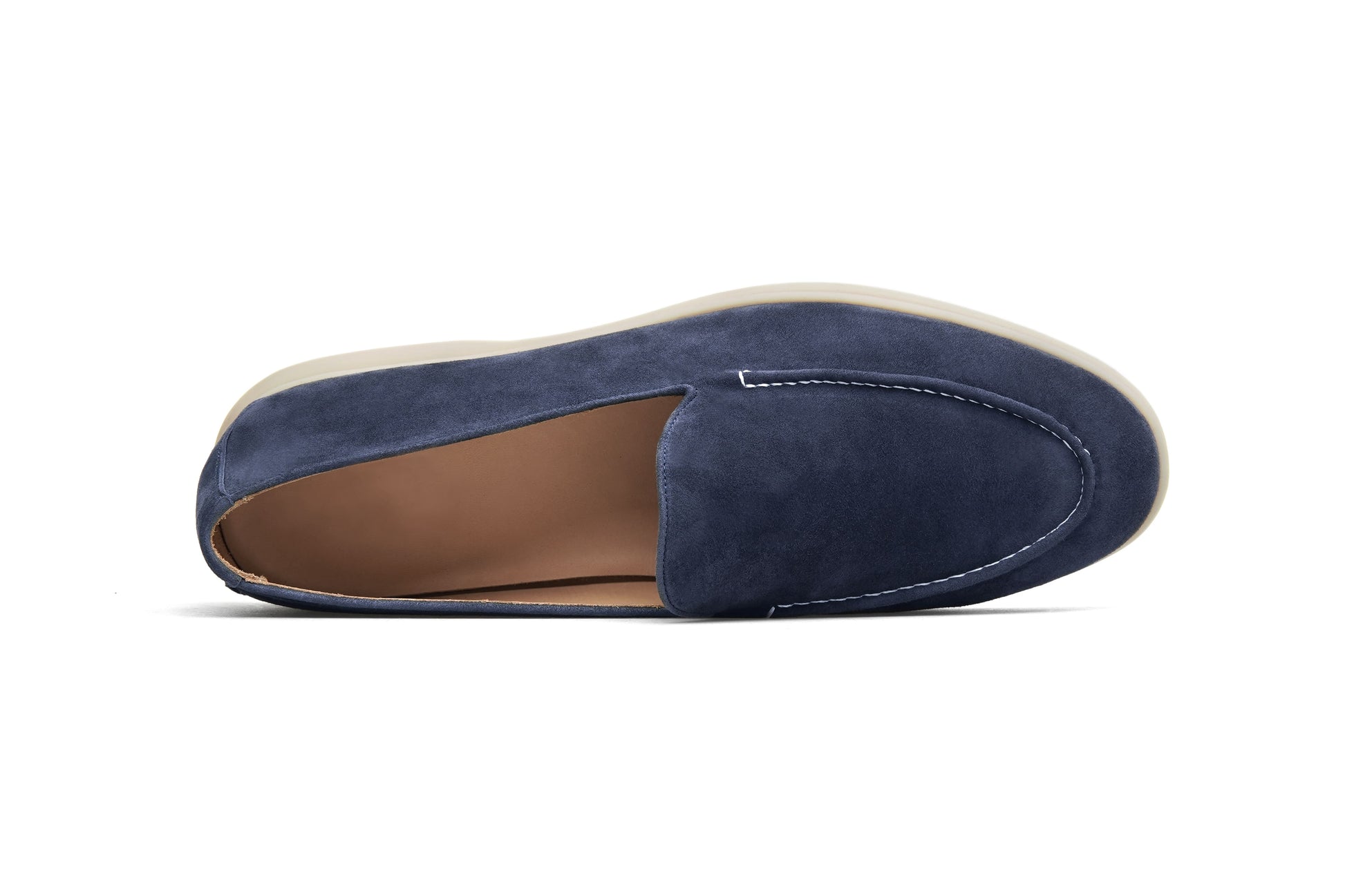 Men’s navy blue suede leather casual slip-on loafers with moccasin stitching and lightweight sole.