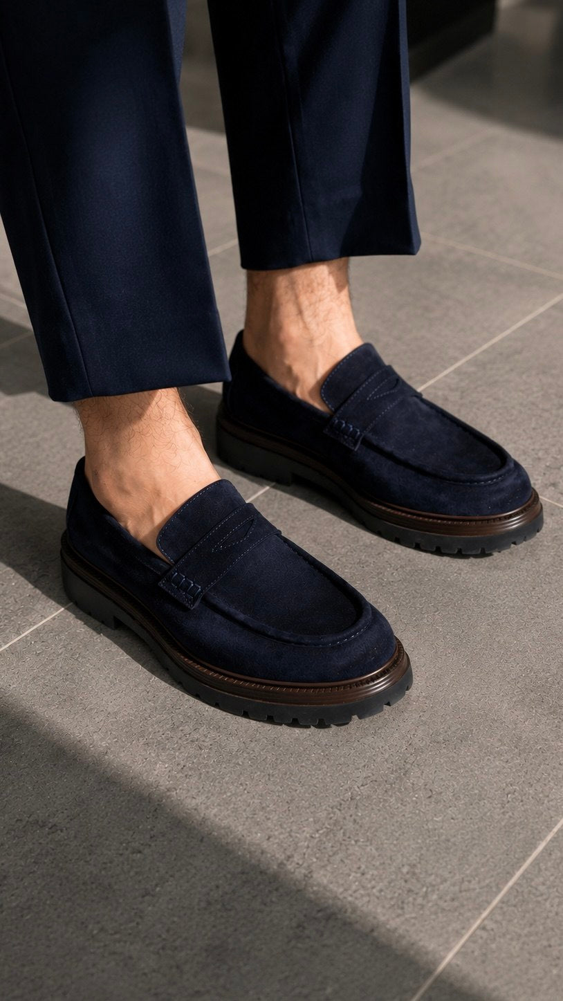 Navy blue suede men's loafer, angled front and heel view
