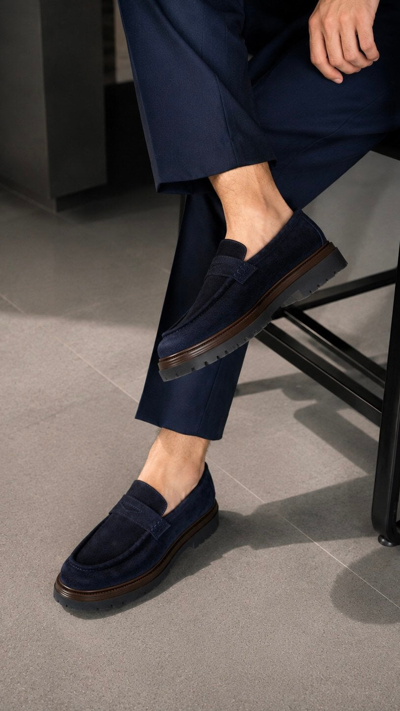 Navy suede loafer for men, top view of suede vamp