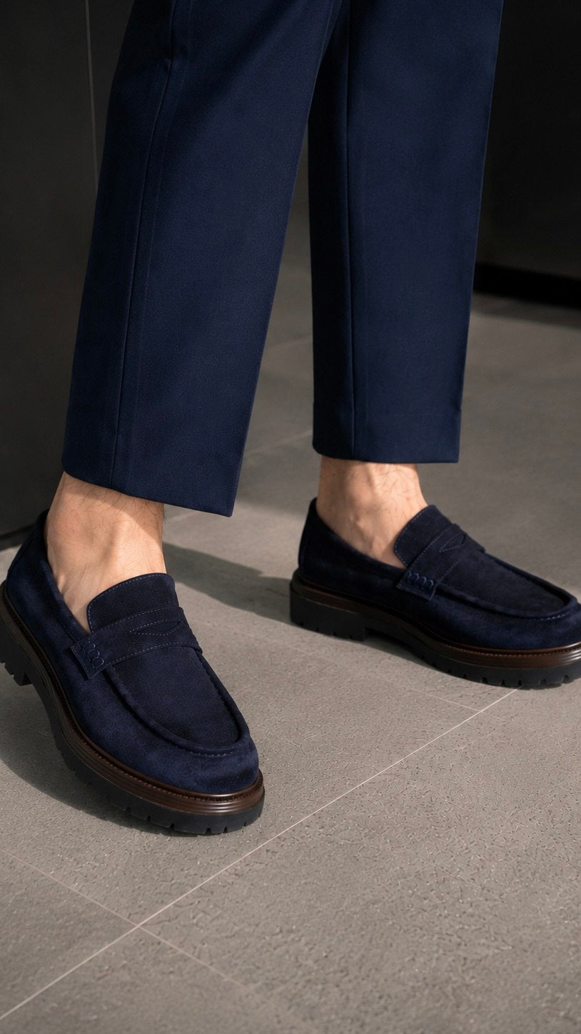 Pair of men's navy blue suede loafers, smart casual slip-on shoes, full view