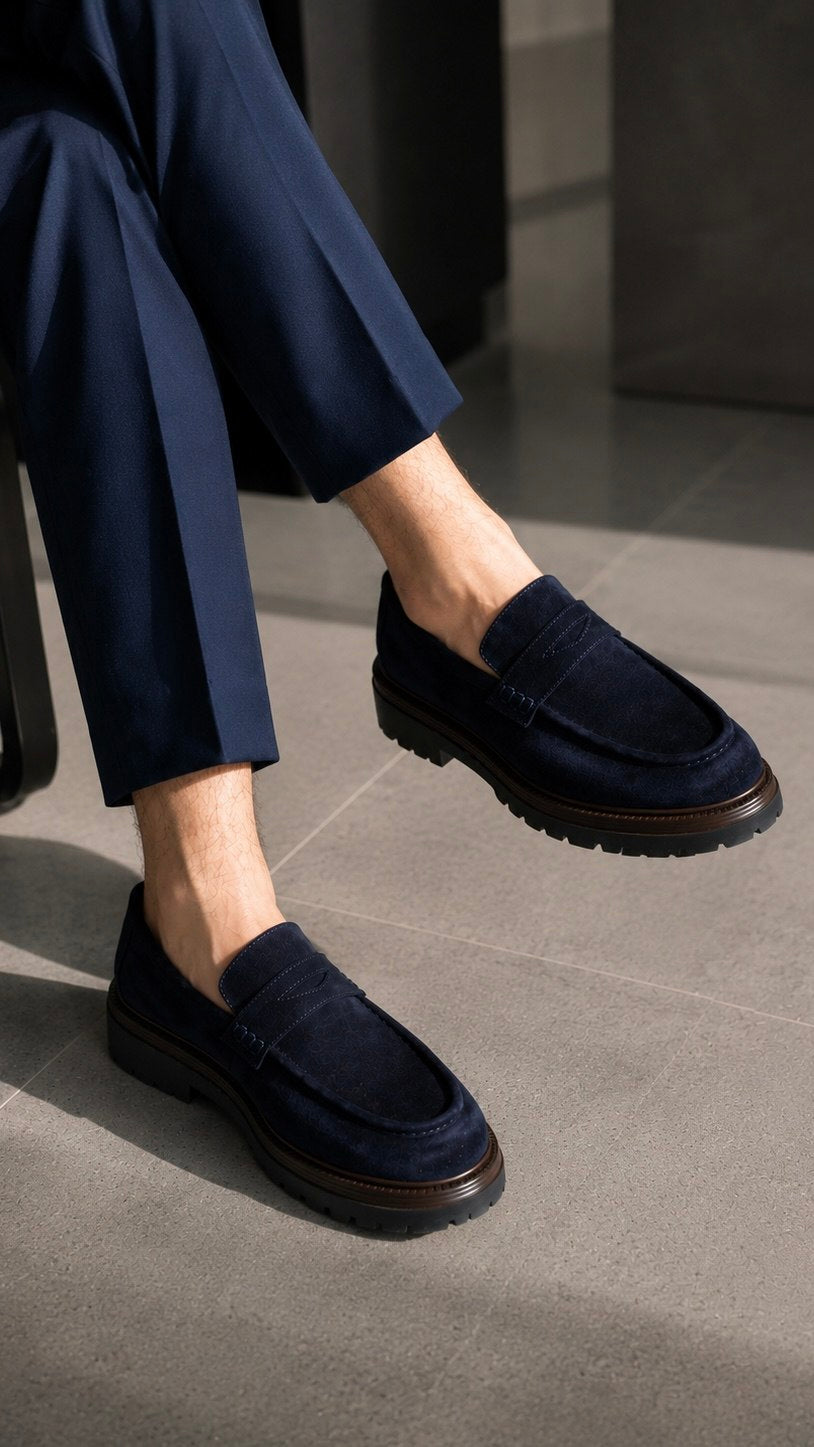 Men's navy blue suede loafer, slip-on style, side view