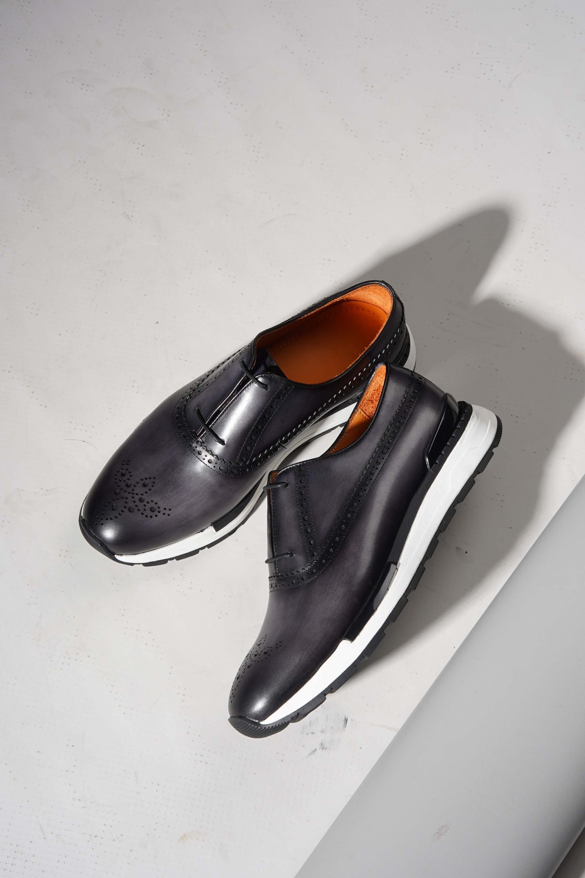 Navy leather minimal lace brogue sneakers for men