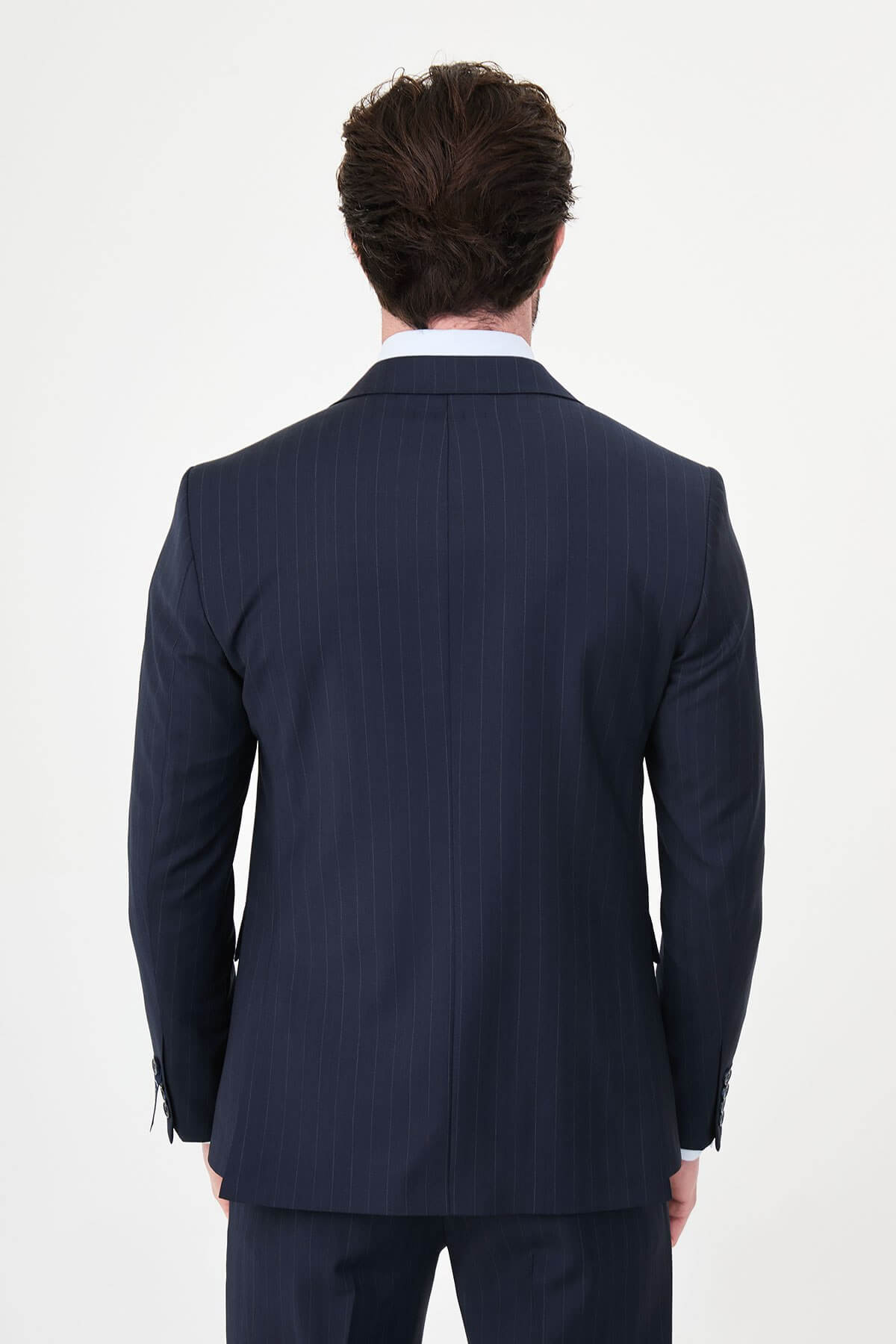 Hollomen Navy Blue Pinstripe Double-Breasted Slim Fit Premium Wool Suit on a male model, styled with a burgundy patterned tie and matching pocket square.