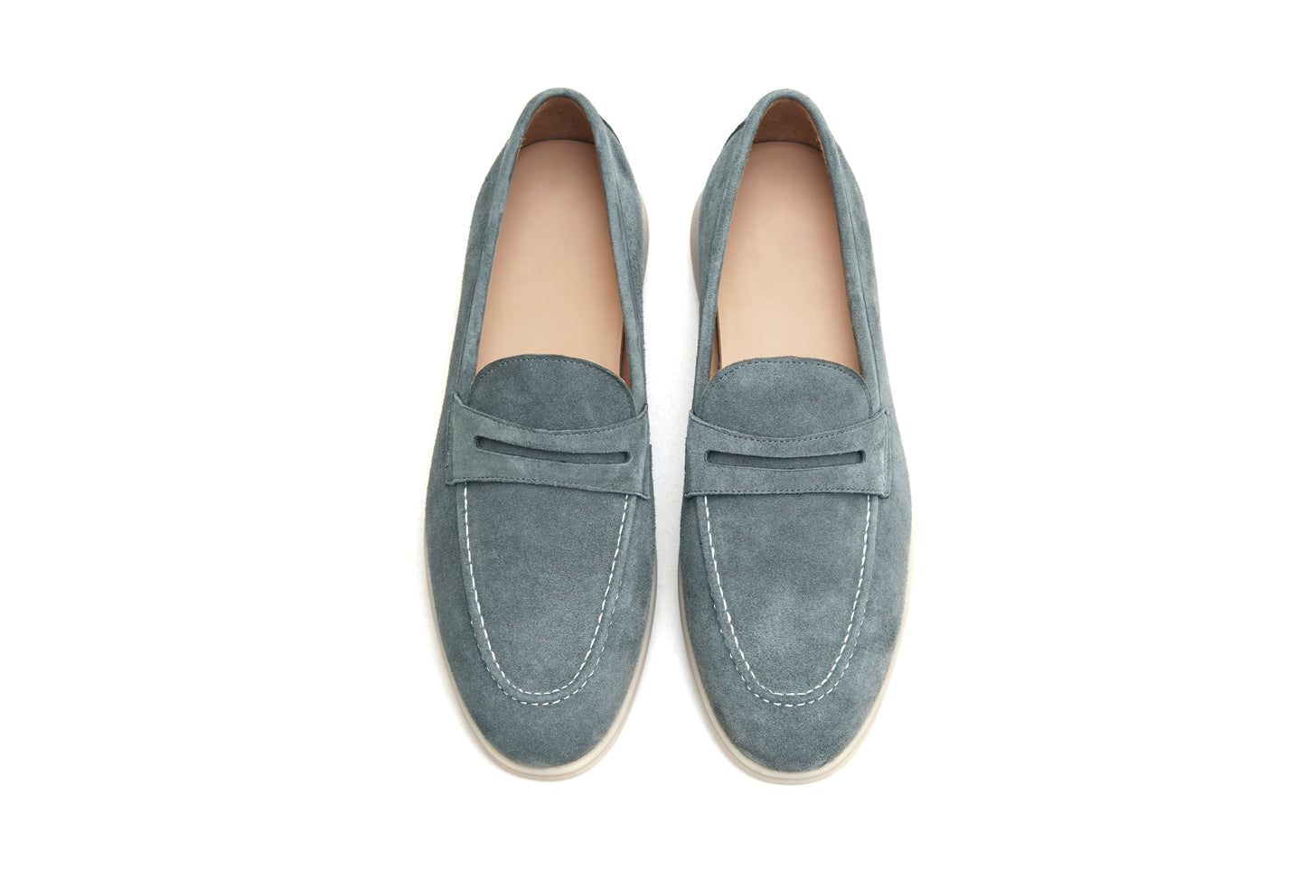 Men’s pale cyan mist suede leather penny loafers with classic strap detail and lightweight cream sole.