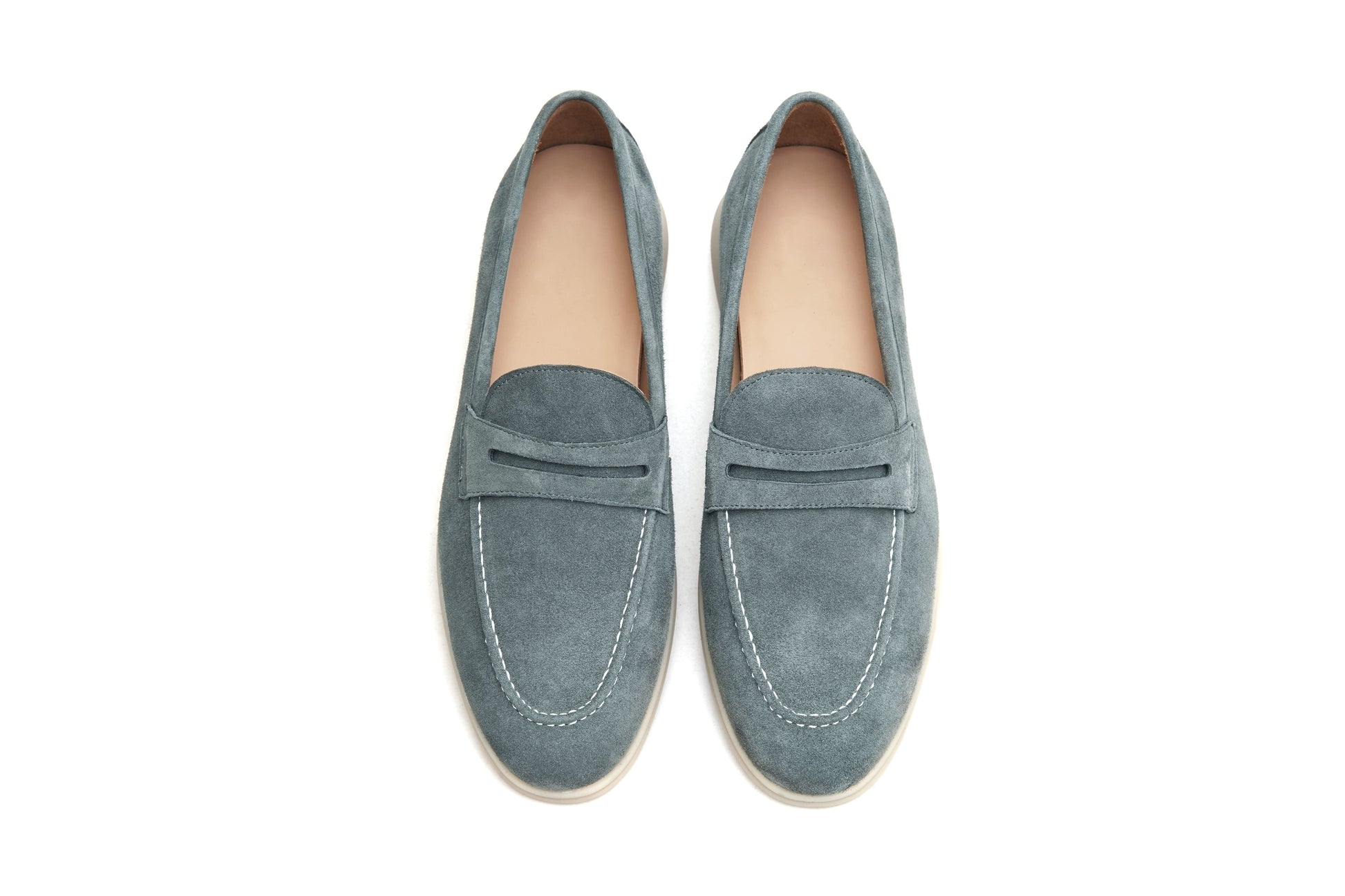 Men’s pale cyan mist suede leather penny loafers with classic strap detail and lightweight cream sole.