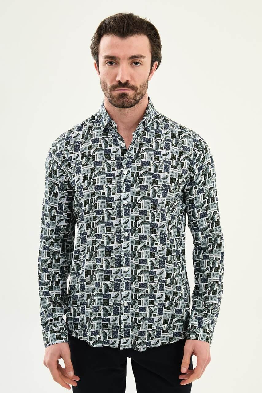 Men’s navy blue patterned slim fit long sleeve shirt with geometric print and modern smart casual style