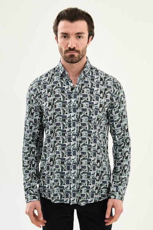 Men’s navy blue patterned slim fit long sleeve shirt with geometric print and modern smart casual style