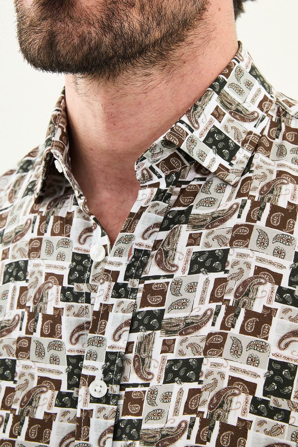 Men’s white patterned slim fit long sleeve shirt with geometric paisley print and modern smart casual style