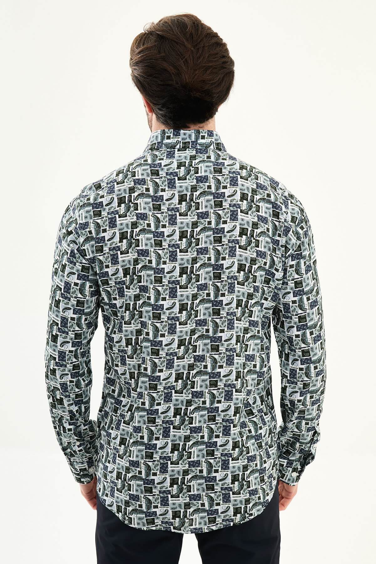 Men’s navy blue patterned slim fit long sleeve shirt with geometric print and modern smart casual style