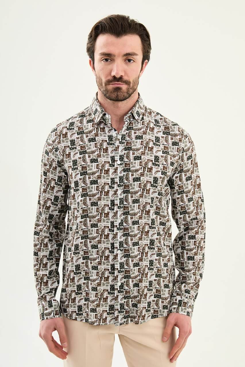 Men’s white patterned slim fit long sleeve shirt with geometric paisley print and modern smart casual style
