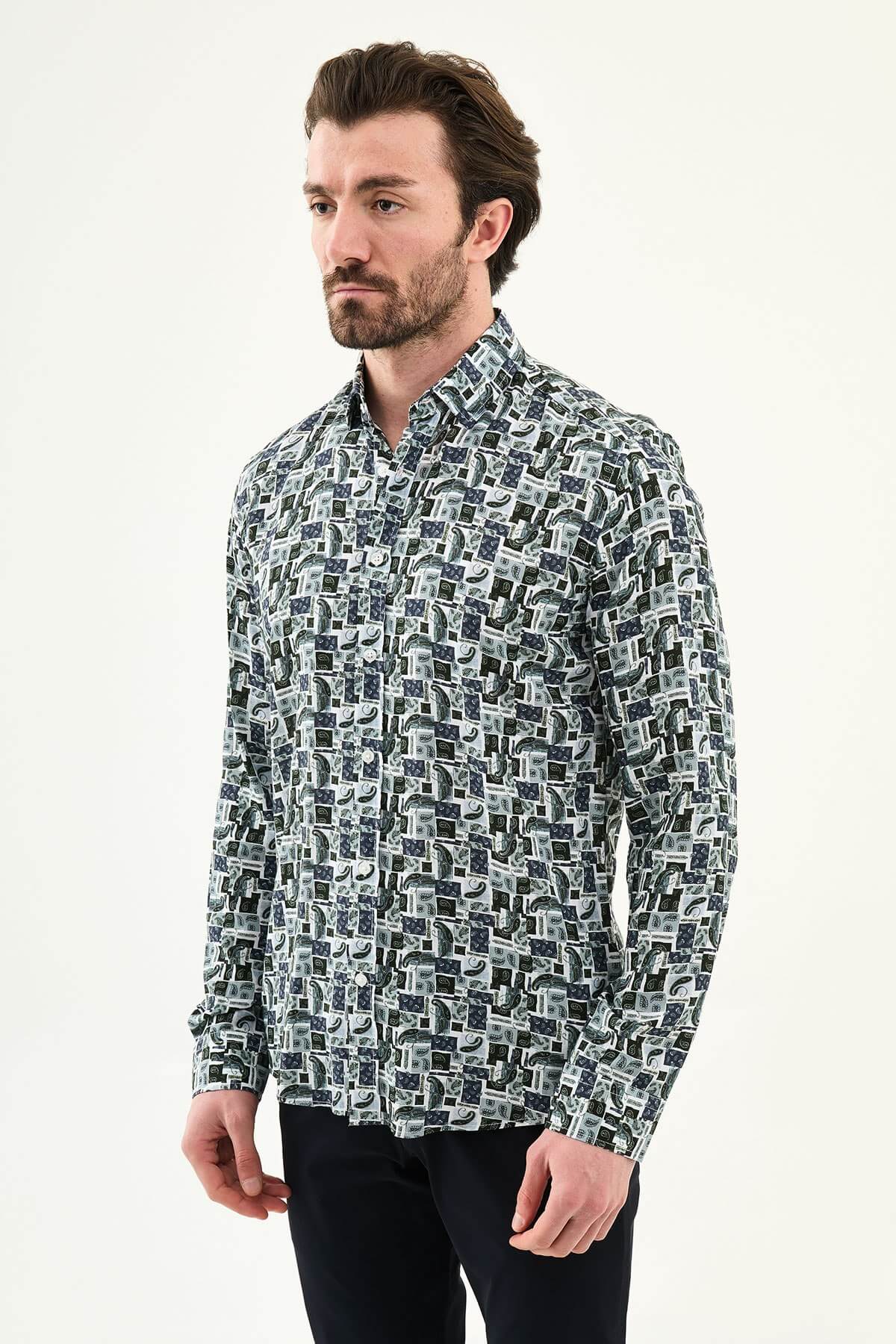 Men’s navy blue patterned slim fit long sleeve shirt with geometric print and modern smart casual style
