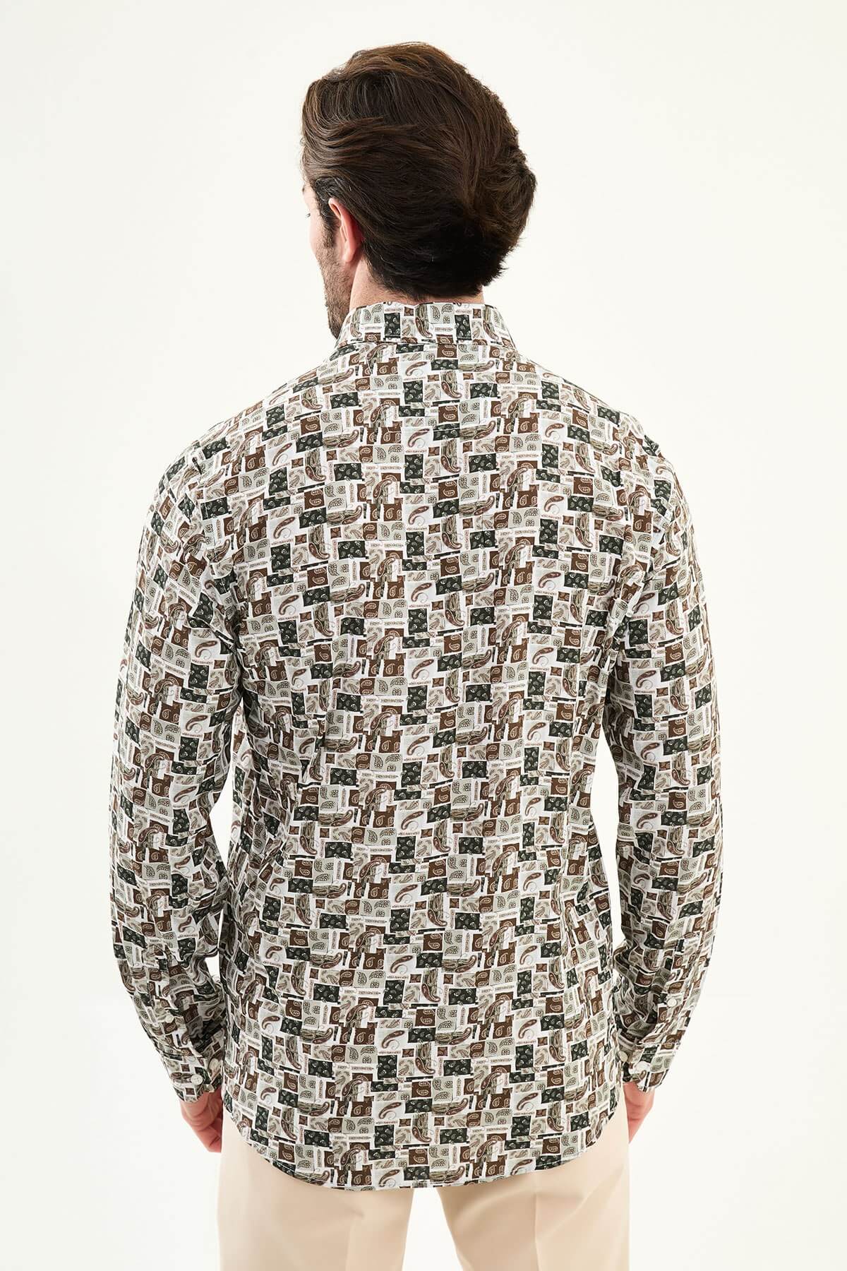 Men’s white patterned slim fit long sleeve shirt with geometric paisley print and modern smart casual style