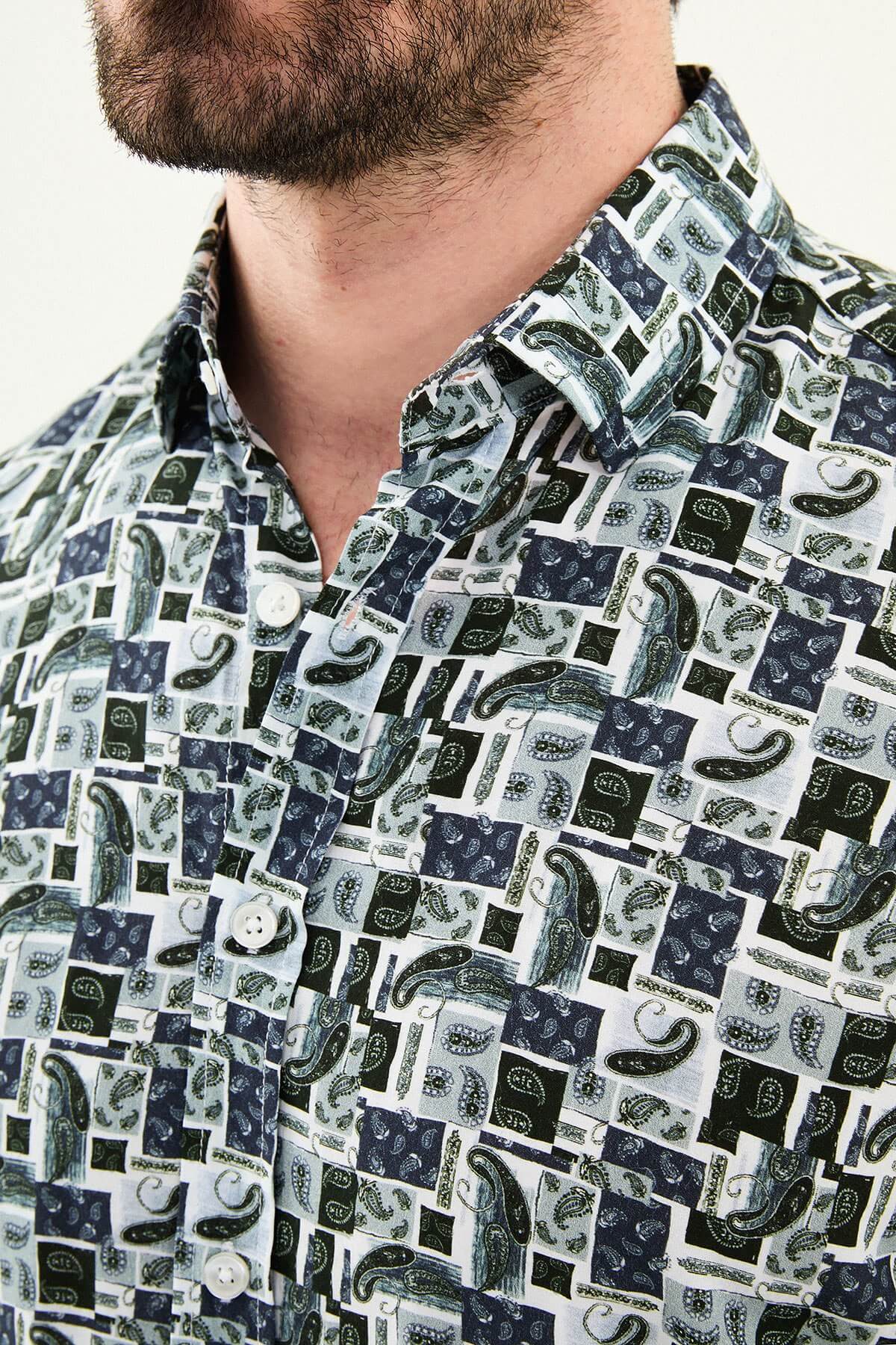 Men’s navy blue patterned slim fit long sleeve shirt with geometric print and modern smart casual style