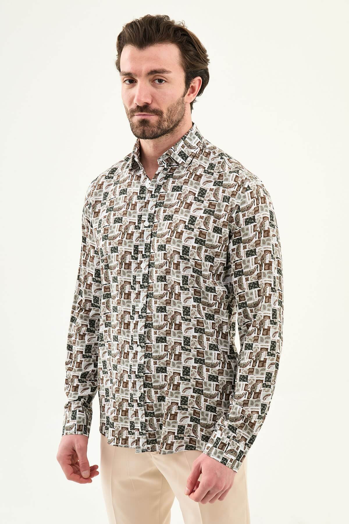 Men’s white patterned slim fit long sleeve shirt with geometric paisley print and modern smart casual style