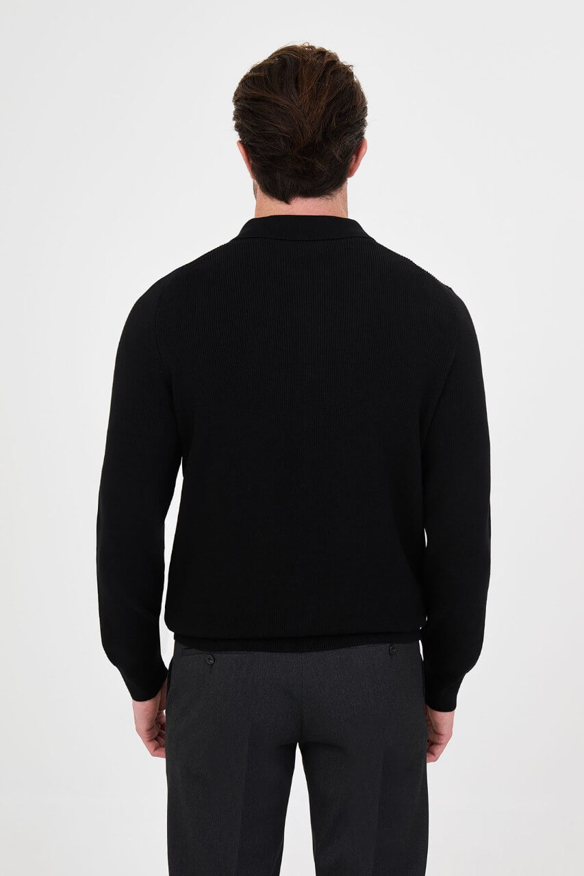 Men’s black polo collar knit sweater with zip neckline detail and cotton stretch fabric for fall winter smart casual outfits.