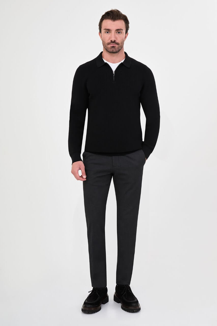 Men’s black polo collar knit sweater with zip neckline detail and cotton stretch fabric for fall winter smart casual outfits.