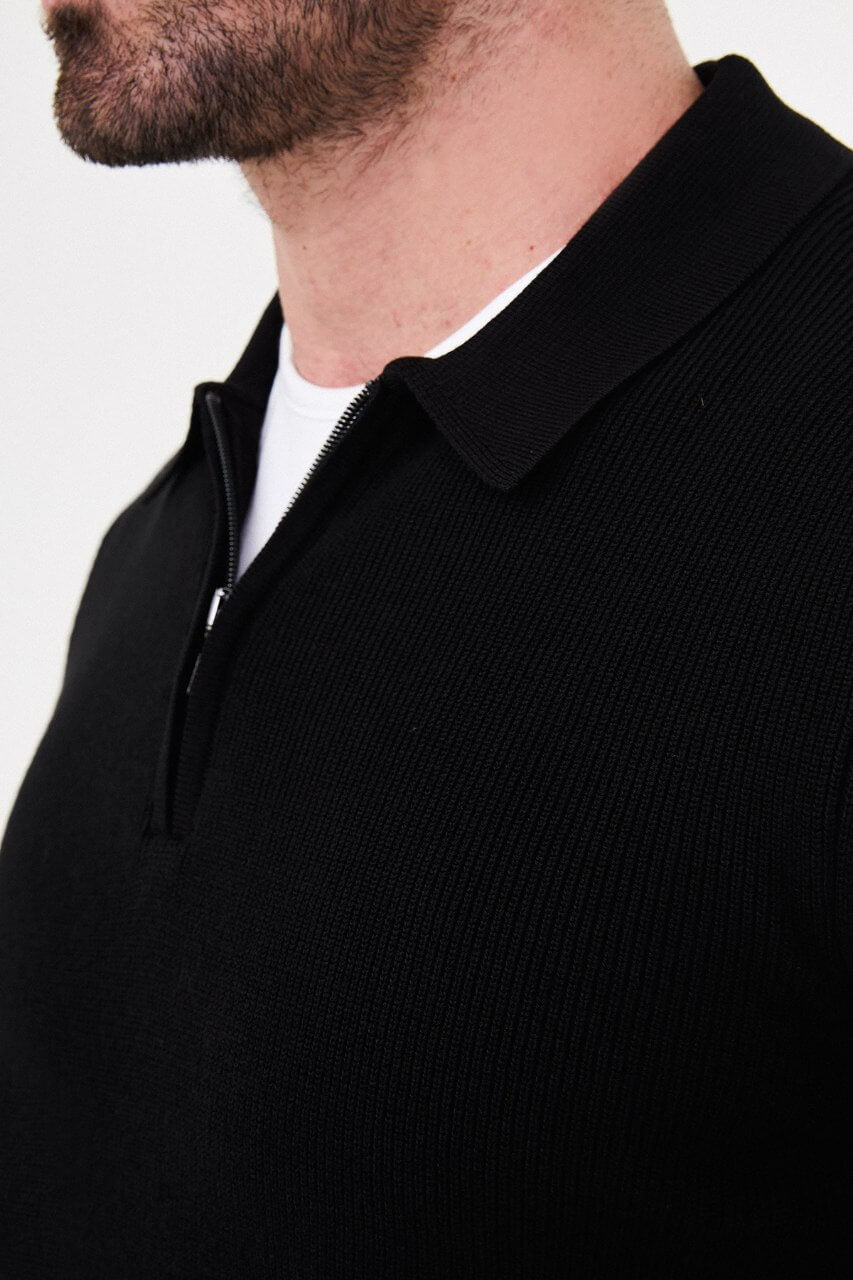 Men’s black polo collar knit sweater with zip neckline detail and cotton stretch fabric for fall winter smart casual outfits.