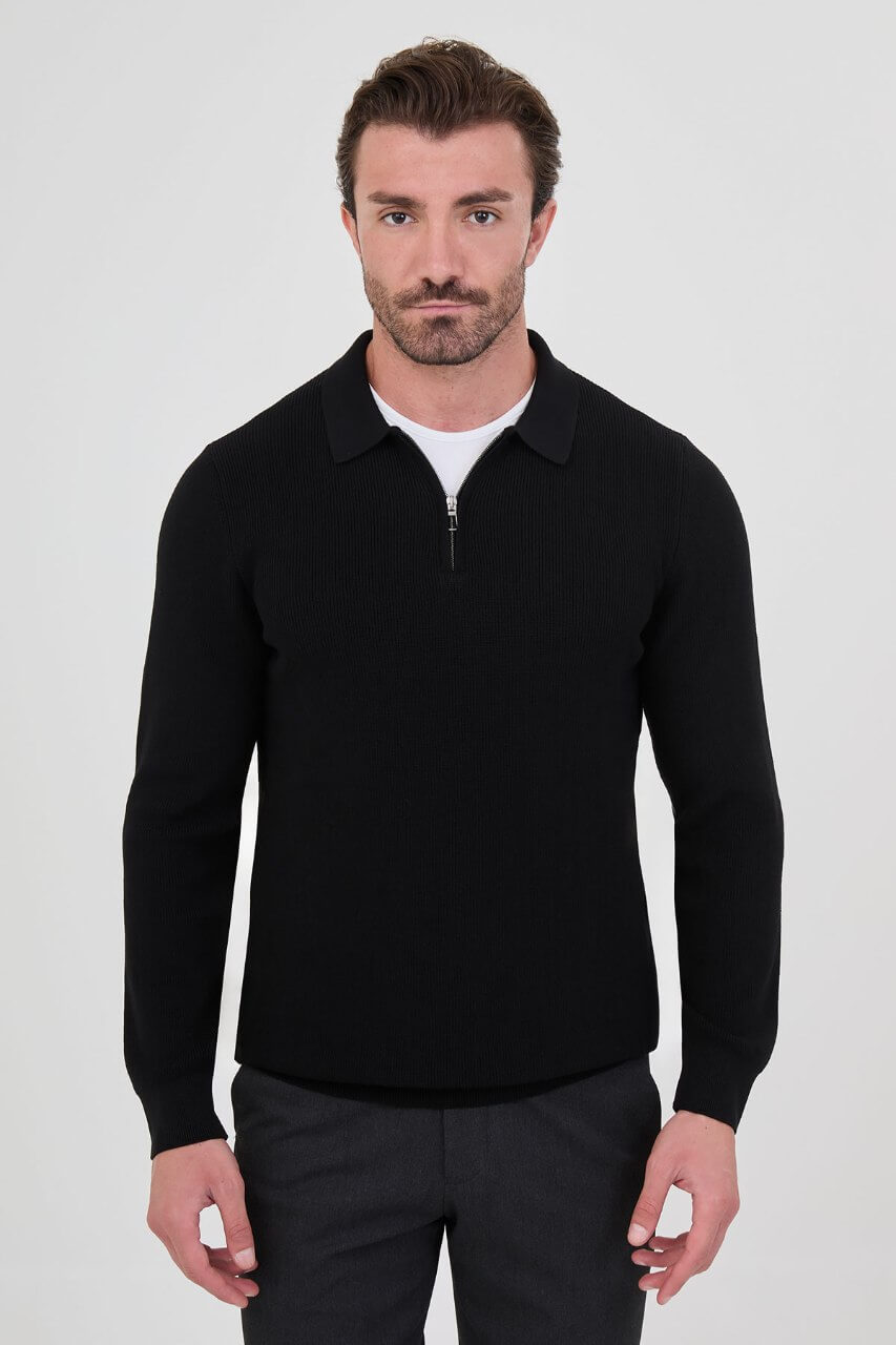 Men’s black polo collar knit sweater with zip neckline detail and cotton stretch fabric for fall winter smart casual outfits.