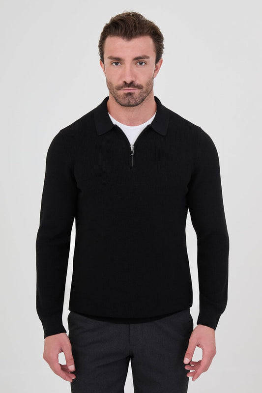 Men’s black polo collar knit sweater with zip neckline detail and cotton stretch fabric for fall winter smart casual outfits.