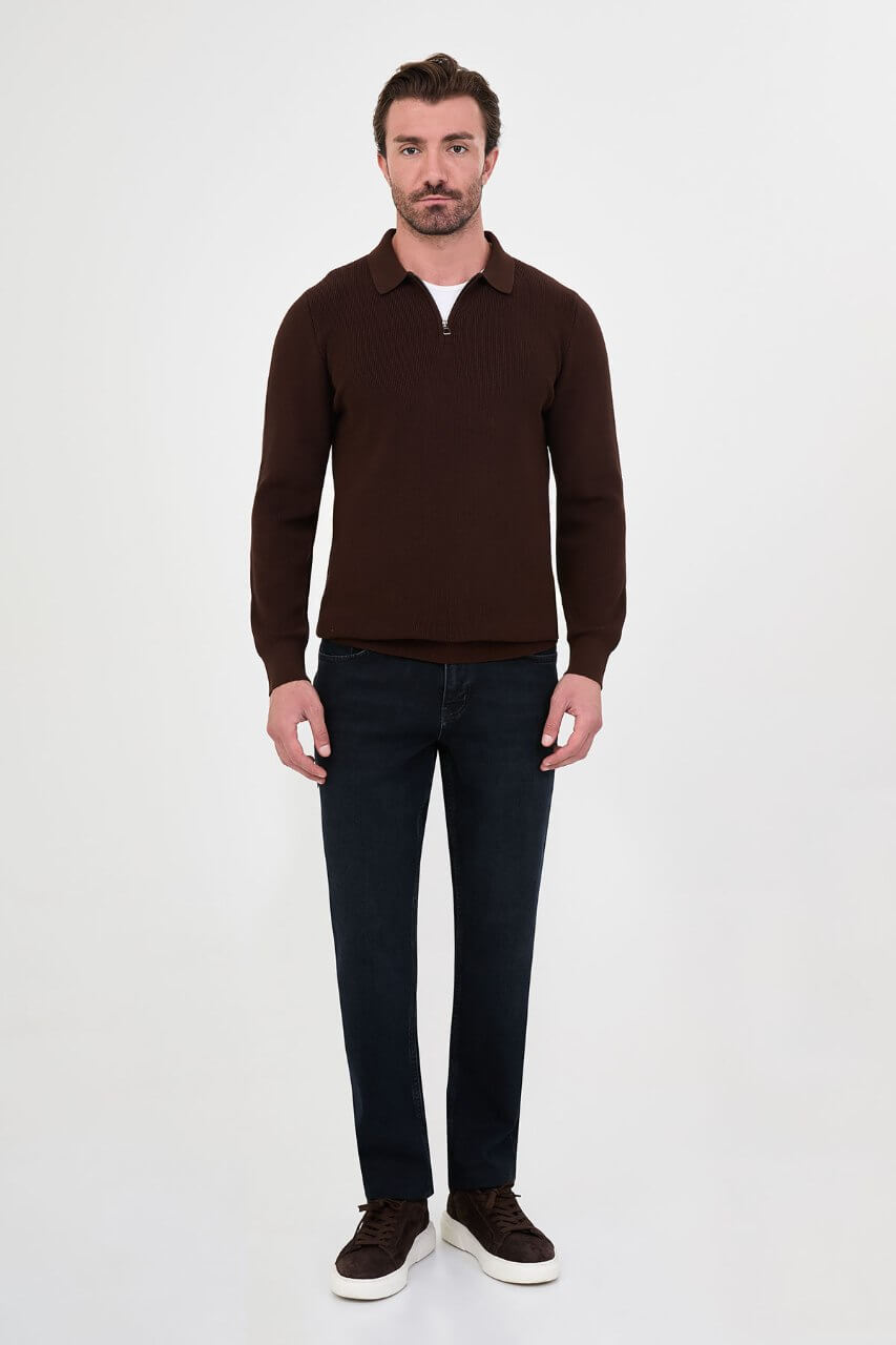 Men’s brown polo collar knit sweater with zip detail, cotton stretch fabric, and ribbed texture for fall winter smart casual style.