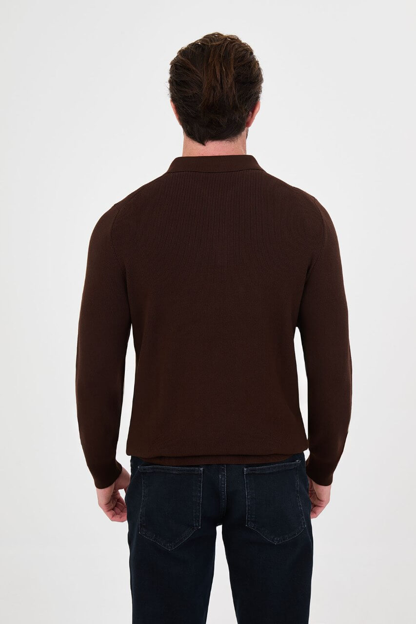 Men’s brown polo collar knit sweater with zip detail, cotton stretch fabric, and ribbed texture for fall winter smart casual style.