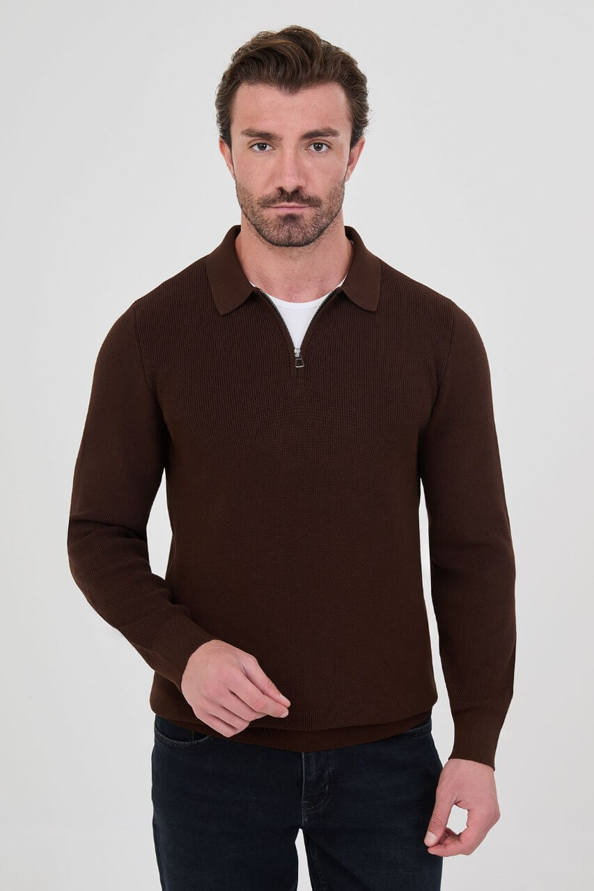 Men’s brown polo collar knit sweater with zip detail, cotton stretch fabric, and ribbed texture for fall winter smart casual style.