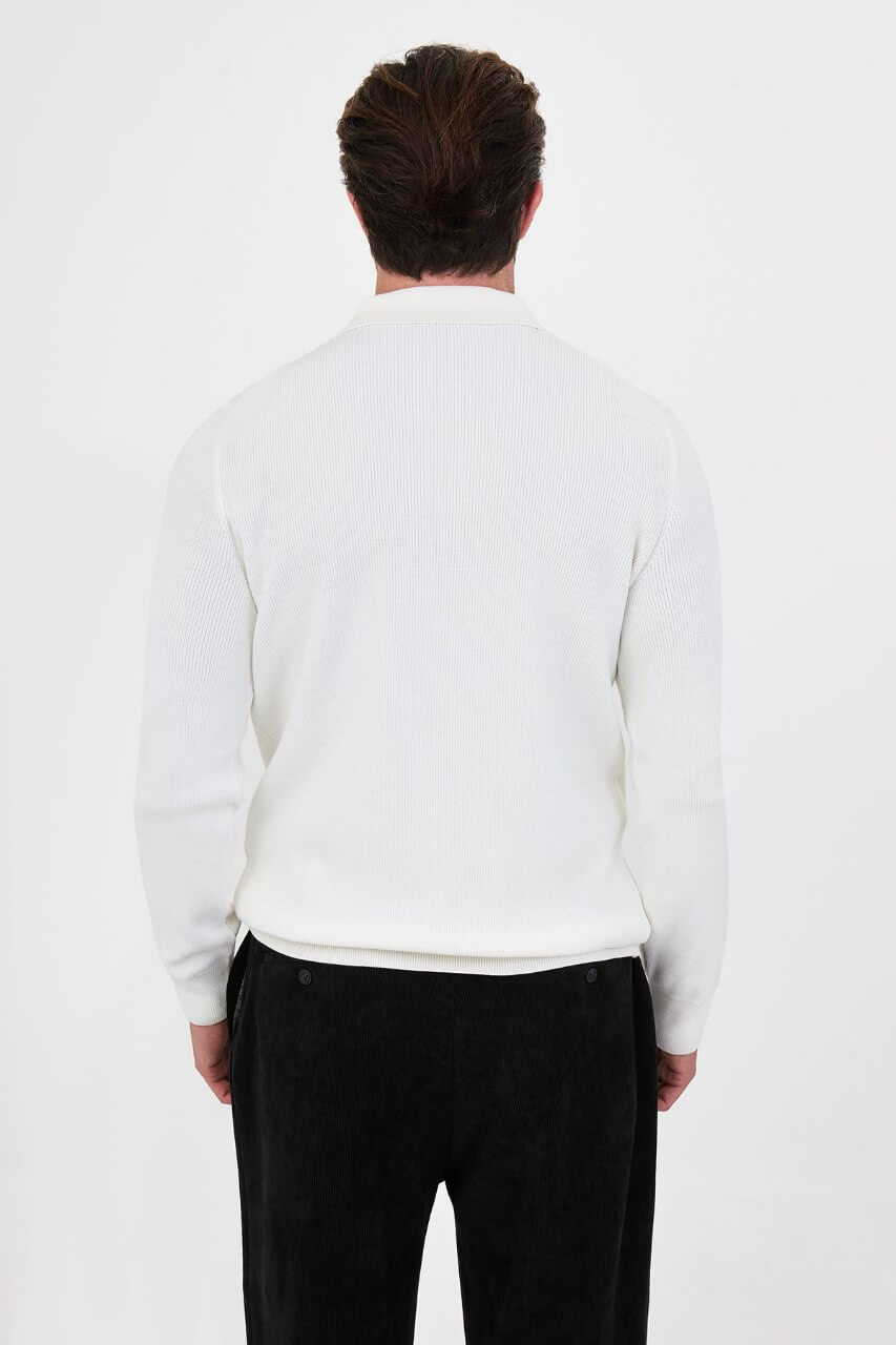 Men’s ecru polo collar knit sweater with zip neckline detail and cotton stretch ribbed fabric for fall winter smart casual style.