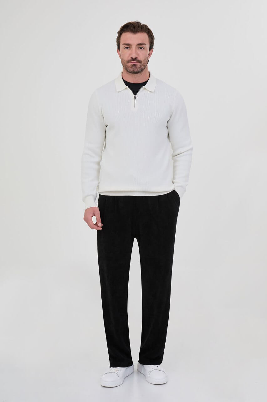 Men’s ecru polo collar knit sweater with zip neckline detail and cotton stretch ribbed fabric for fall winter smart casual style.