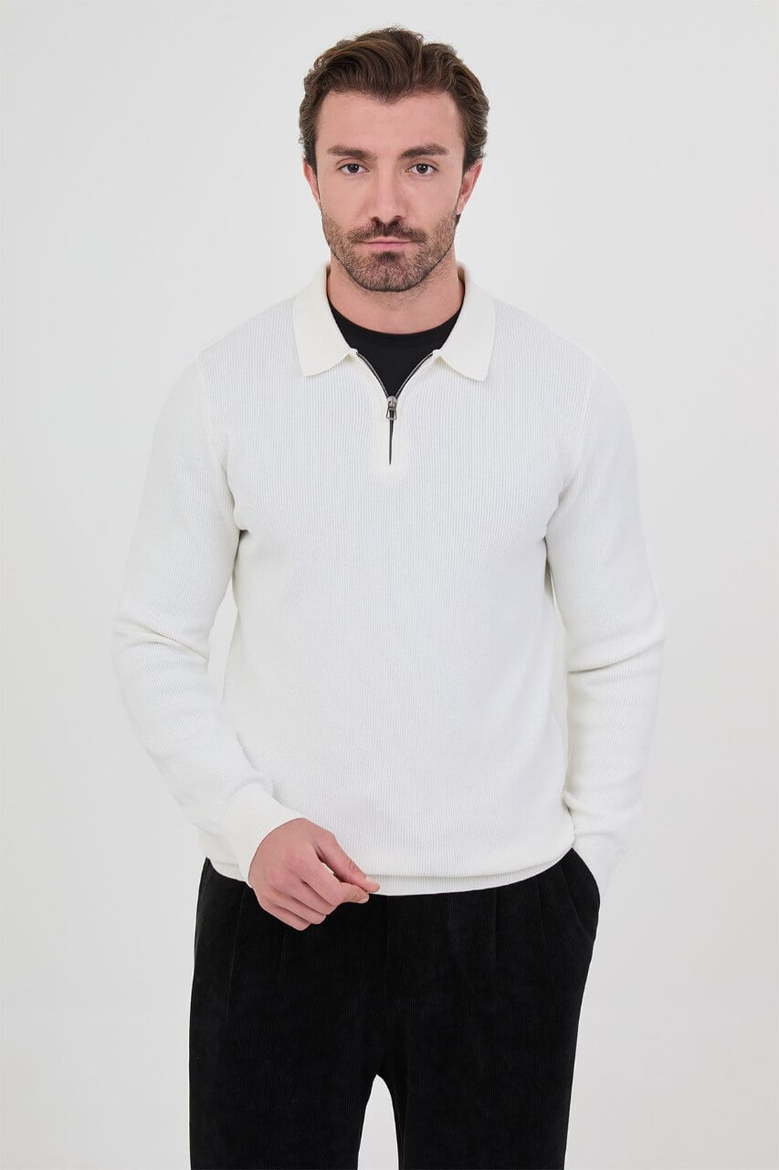 Men’s ecru polo collar knit sweater with zip neckline detail and cotton stretch ribbed fabric for fall winter smart casual style.