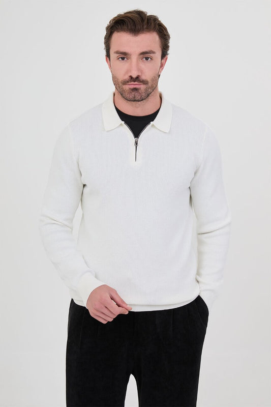 Men’s ecru polo collar knit sweater with zip neckline detail and cotton stretch ribbed fabric for fall winter smart casual style.