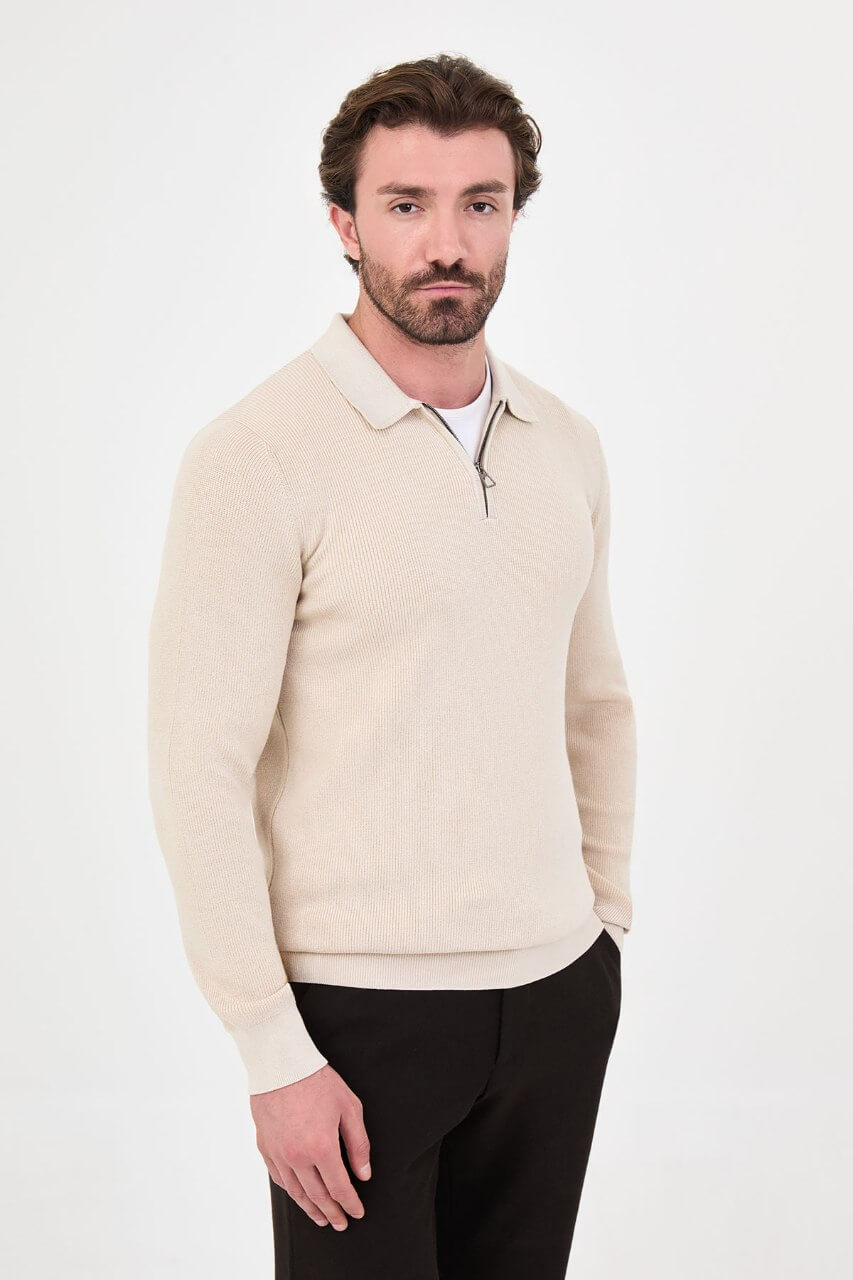 Men’s beige knit sweater with polo collar detail and cotton stretch fabric for fall winter smart casual outfits