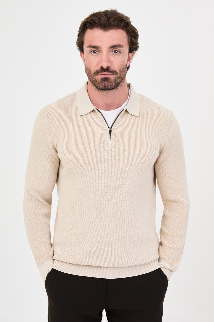 Men’s beige knit sweater with polo collar detail and cotton stretch fabric for fall winter smart casual outfits