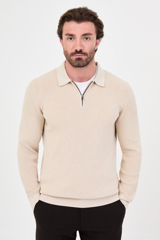 Men’s beige knit sweater with polo collar detail and cotton stretch fabric for fall winter smart casual outfits