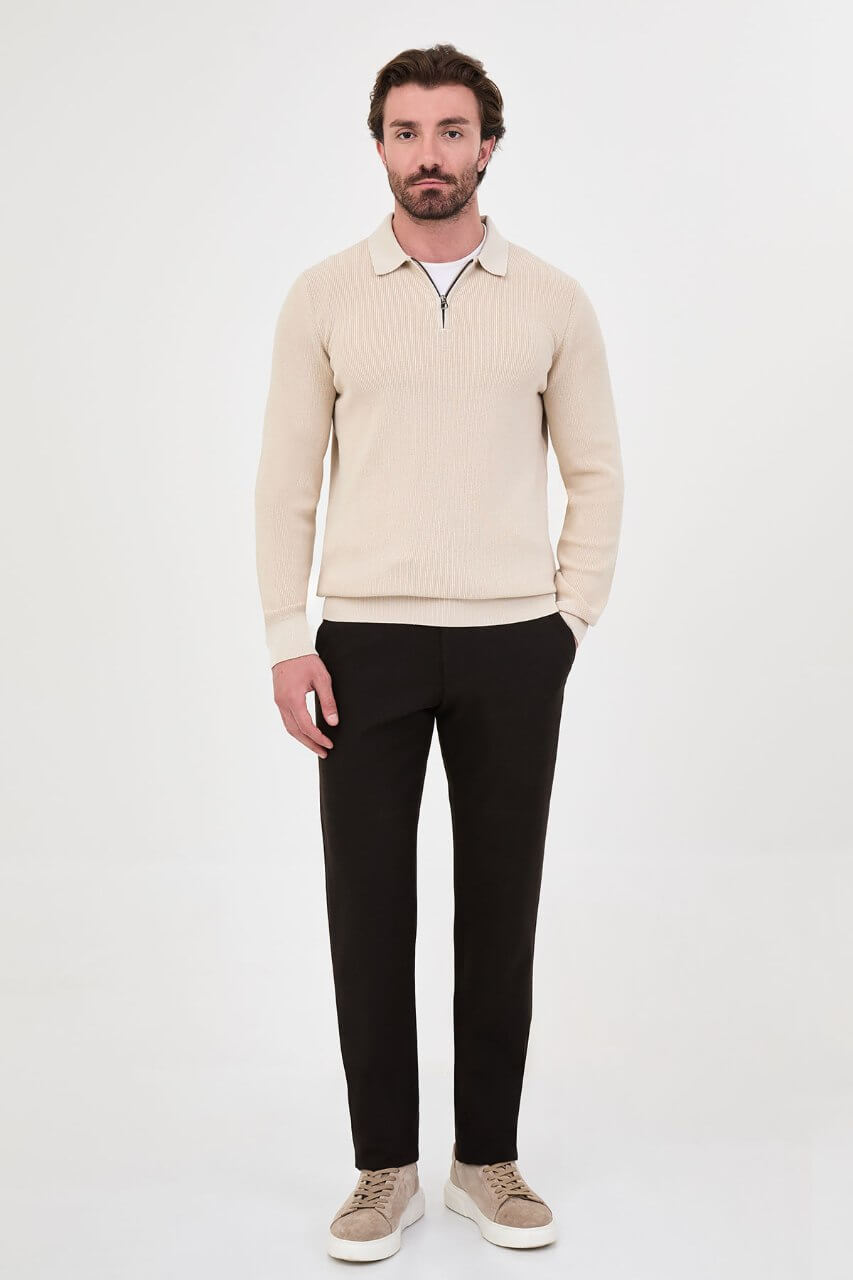 Men’s beige knit sweater with polo collar detail and cotton stretch fabric for fall winter smart casual outfits