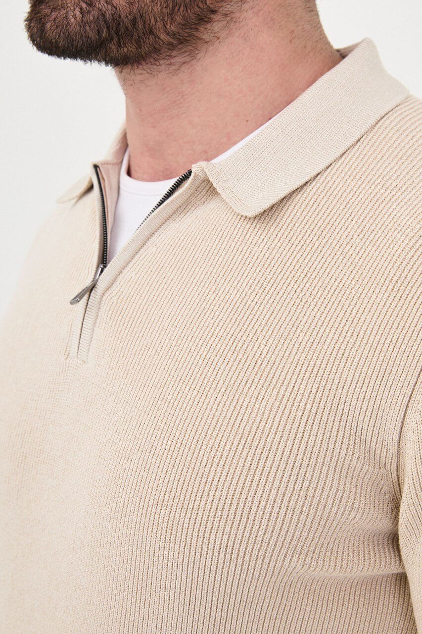 Men’s beige knit sweater with polo collar detail and cotton stretch fabric for fall winter smart casual outfits