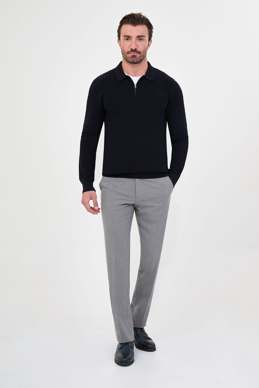 Men’s navy blue polo collar knit sweater with zip neckline detail and cotton stretch ribbed fabric for fall winter smart casual style.