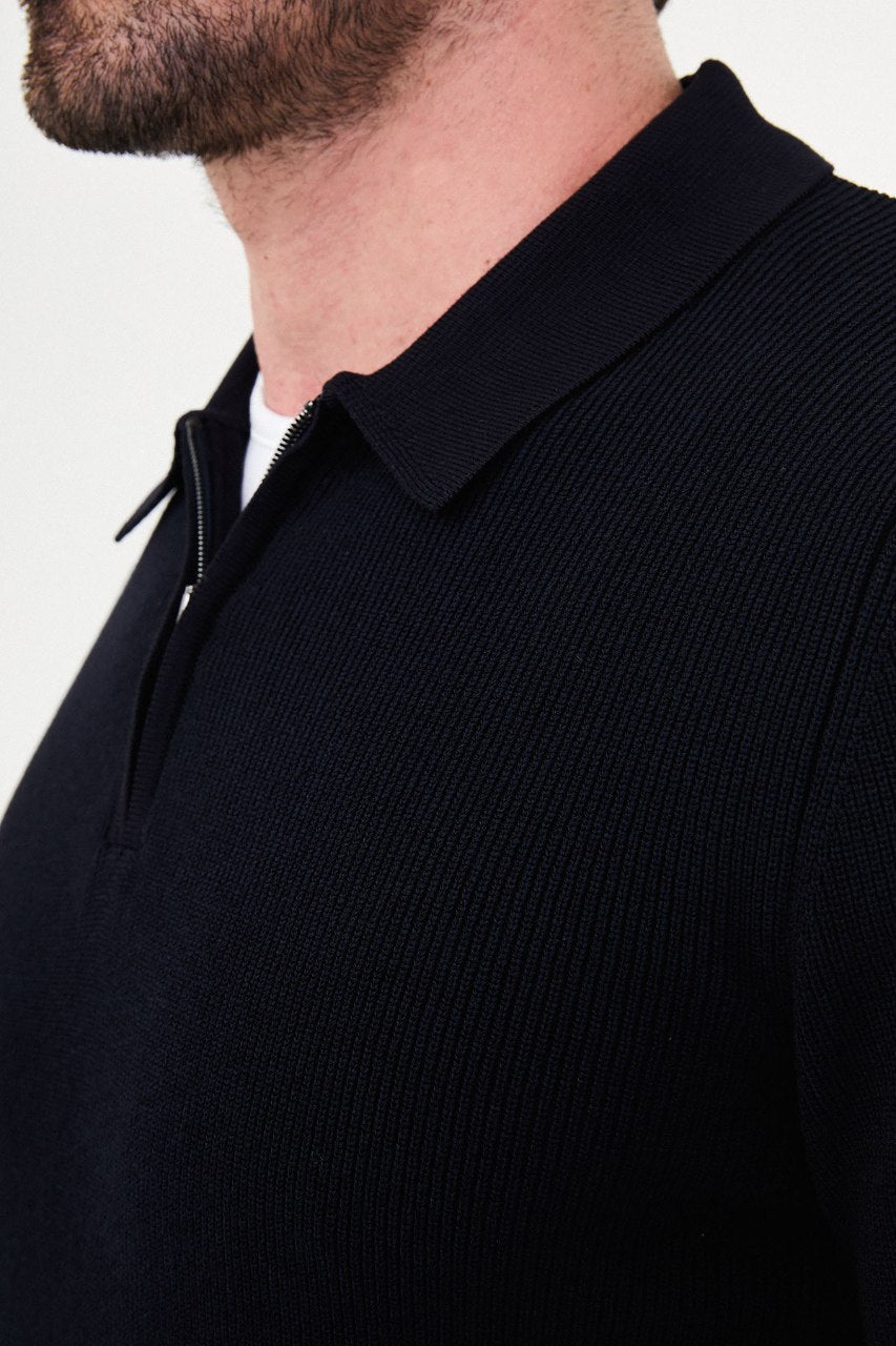 Men’s navy blue polo collar knit sweater with zip neckline detail and cotton stretch ribbed fabric for fall winter smart casual style.