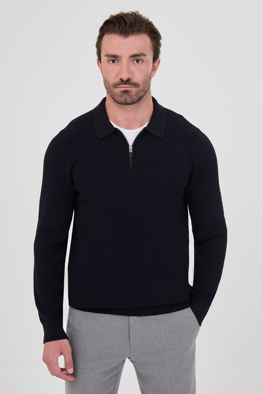 Men’s navy blue polo collar knit sweater with zip neckline detail and cotton stretch ribbed fabric for fall winter smart casual style.