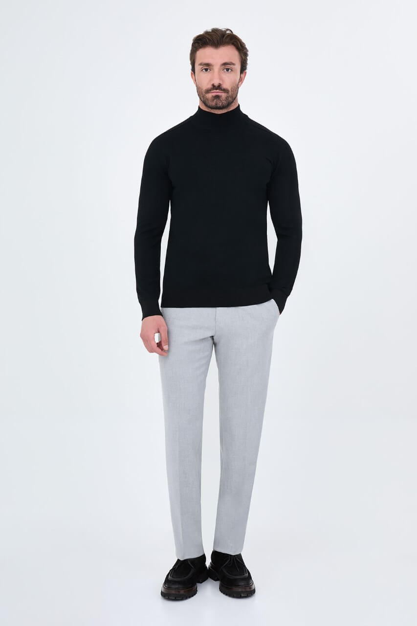 Men's black slim fit turtleneck sweater with long sleeves for fall winter smart casual and formal layering