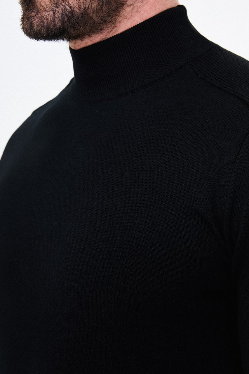 Men's black slim fit turtleneck sweater with long sleeves for fall winter smart casual and formal layering