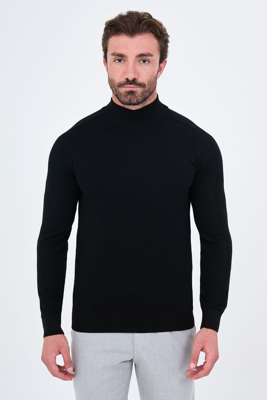 Men's black slim fit turtleneck sweater with long sleeves for fall winter smart casual and formal layering
